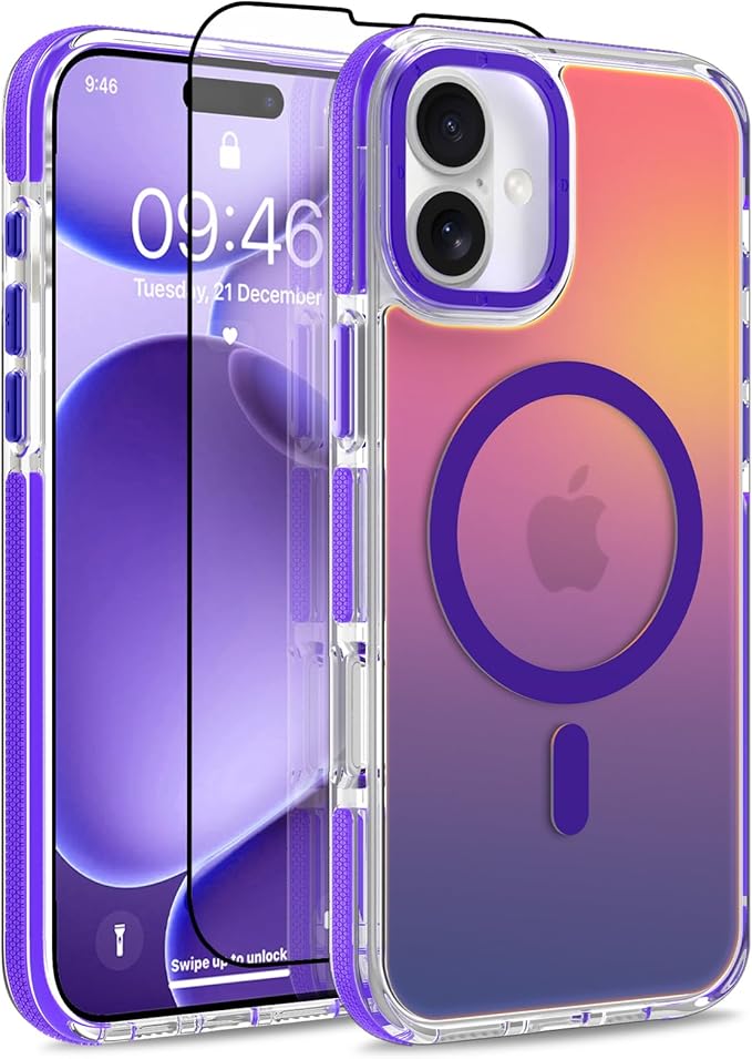 MOWIME Magnetic Case for iPhone 17 [Compatible with Magsafe] [Cute Fashion Fluorescent Design] [1 Screen Protector] Slim Translucent Matte Case for iPhone 17 6.3" 2025, Purple