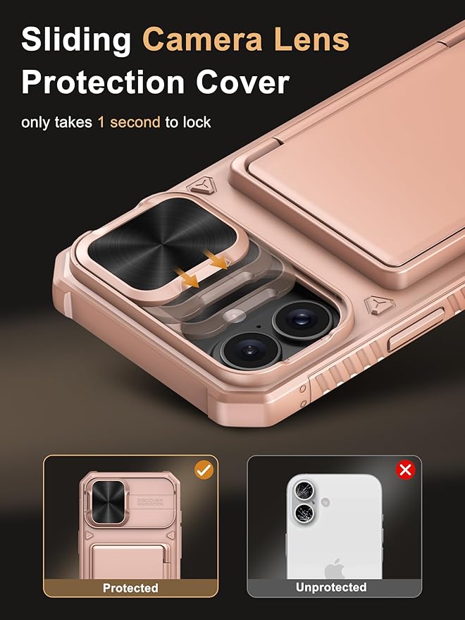 Vihibii for iPhone 16 Plus Case Wallet with Card Holder (4 Cards) [RFID Blocking] & Slide Camera Cover, Military Grade Drop Protection, Rugged Back & Silicone Edge Phone Cover, 6.7" 2024, Rose Gold