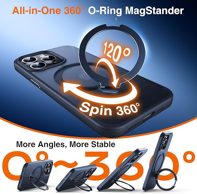 360° O-Ring MagStander for iPhone 14 Pro Case with Magnetic Kickstand Ring Holder [Compatible with MagSafe][360°Rotate Stand Ring][Military Shockproof] iPhone 14 Pro Phone Cover Matte Blue