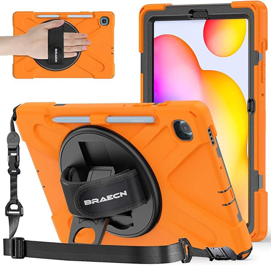 BRAECNstock for Samsung Galaxy Tab S6 Lite 10.4 Inch Case 2024/2022/2020 (SM-P620/P610/P619) with Pen Holder Rotating Kickstand + Hand Strap Shockproof Protective Kids Case for Galaxy S6 Lite - Orange