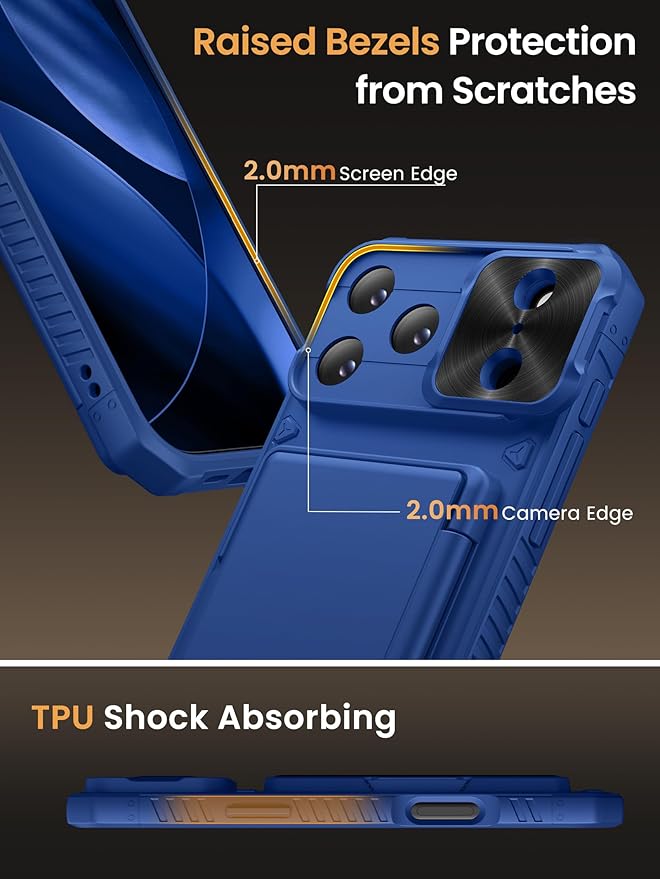 Vihibii for iPhone 17 Pro Case Wallet with Card Holder (4 Cards) [RFID Blocking] & Slide Camera Cover, Military Grade Drop Protection, Rugged Hard Back & Silicone Edge Phone Case 5G 2025, Royal Blue