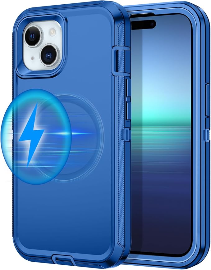 for iPhone 14 Plus Case,iPhone 15 Plus Case [Compatible with MagSafe] Shockproof 3-Layer Full Body Protection Rugged Heavy Duty Cover for Apple iPhone 14/15 Plus 6.7",Sea Blue