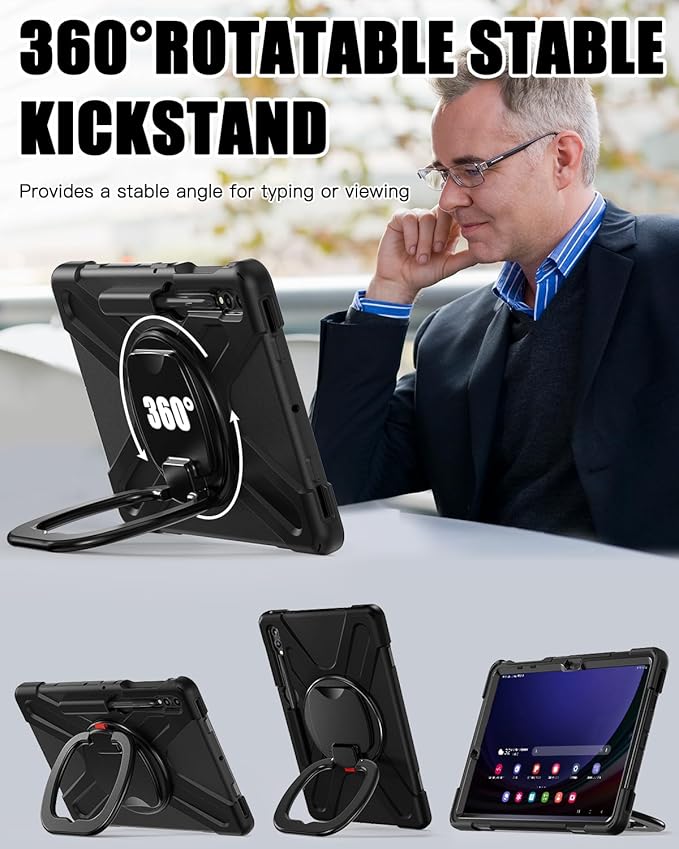 BRAECN Case for Samsung Galaxy Tab S10+/S9 FE+/S9+ Plus 12.4 Inch, Heavy Duty Silicone Case with Screen Protector, S Pen Holder, Stable Kickstand,Shoulder Strap for Galaxy Tab S8+/S7 FE/S7+, Black