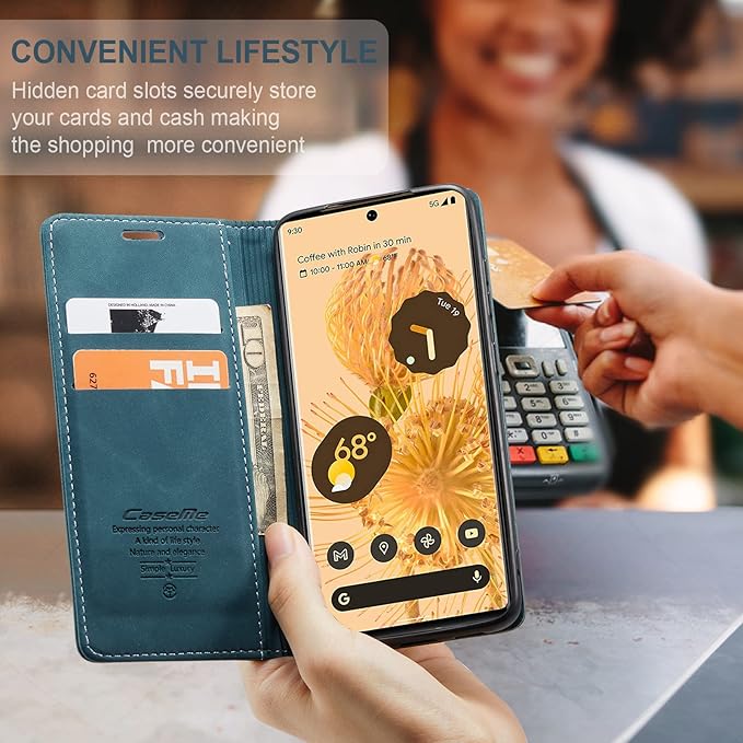 for Google Pixel 6 Pro Case, Flip Wallet Leather Case with Card Holder Magnetic Closure Shockproof Kickstand Protective Phone Cases Cover for Google Pixel 6 Pro,Blue-Green