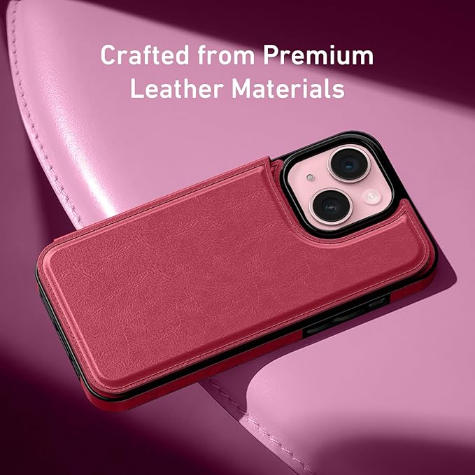 FUNMIKO for iPhone 15 Plus Wallet Case with Card Holder, RFID-Blocking, Military-Grade Protection & UV-Printed Artwork, Magnetic Closure with Leather Kickstand - Hot Pink