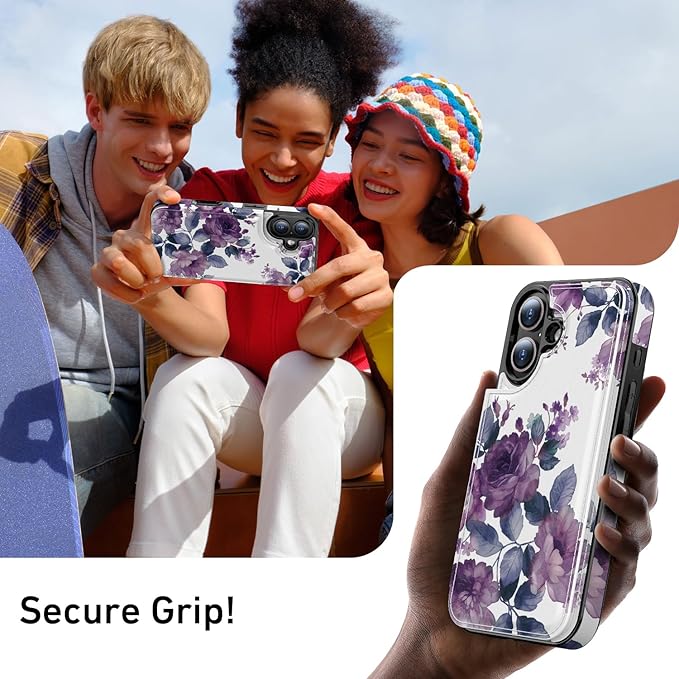 FUNMIKO for iPhone 16 Plus Wallet Case with Card Holder, RFID-Blocking, Military-Grade Protection & UV-Printed Artwork, Magnetic Closure with Leather Kickstand - Elegant Purple Floral