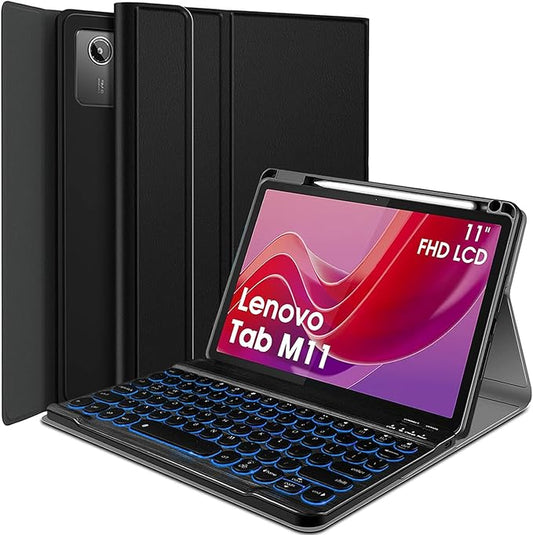 Backlit Keyboard Case for Lenovo Tab M11 2024 11 Inch TB-330FU Tablet, 7 Colors Light Detachable Wireless Keyboard with PU Leather Folio Cover Case for Lenovo Tab M11 11” 2024 Release
