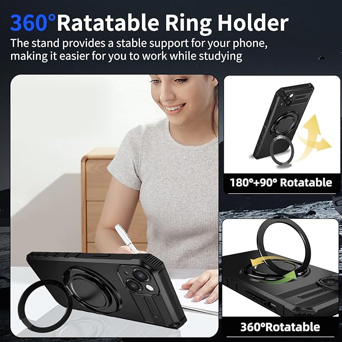 for iPhone 15 Case Compatible with MagSafe Magnetic,with 2 Tempered Glass Screen Protectors,Built-in 360°Kickstand Ring,Military Grade Drop Shockproof Heavy Duty Protection Phone Bumper Black