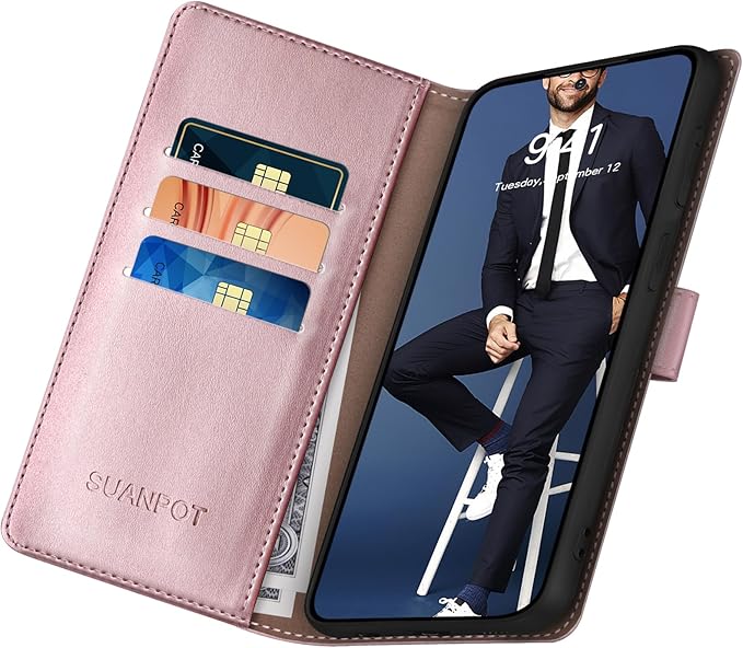 SUANPOT Compatible with Samsung Galaxy S25 Wallet case with RFID Blocking Credit Card Holder,Flip Book PU Leather Protective Cover Women Men for Samsung S25 Phone case Rose Gold