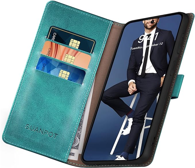 SUANPOT for Samsung Galaxy S23 5G Wallet case with RFID Blocking Credit Card Holder,Flip Book PU Leather Protective Cover Women Men for Samsung S23 Phone case Blue Green