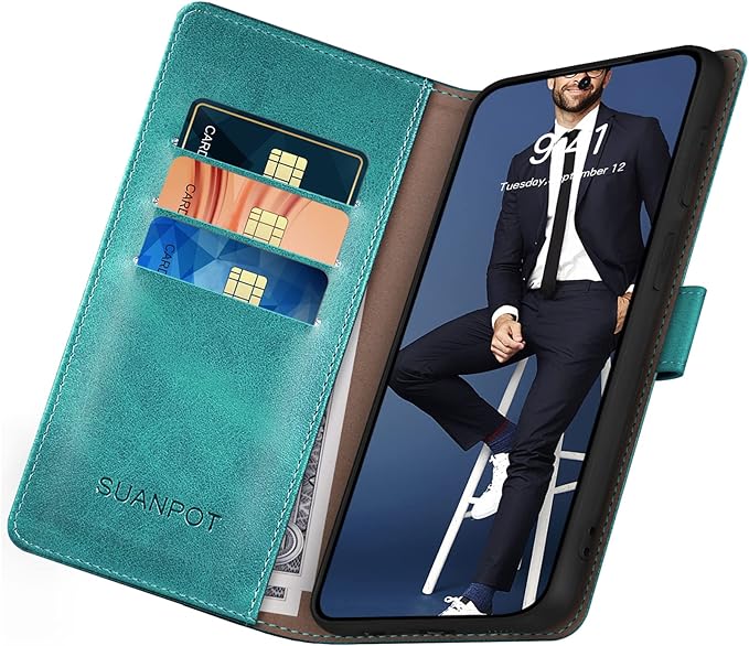 SUANPOT for Samsung Galaxy S24 5G Wallet case with RFID Blocking Credit Card Holder,Flip Book PU Leather Protective Cover Women Men for Samsung S24 Phone case Blue Green