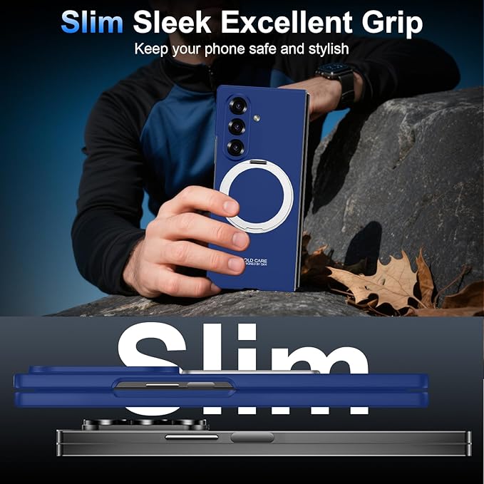 360 Spin Magnetic Stand for Samsung Galaxy Z Fold 7 Case, with Screen Protector [Compatible with MagSafe] Slim PC Hard Ring Holder Kickstand Protection Cover for Samsung Z Fold 7 Phone Case (Blue)