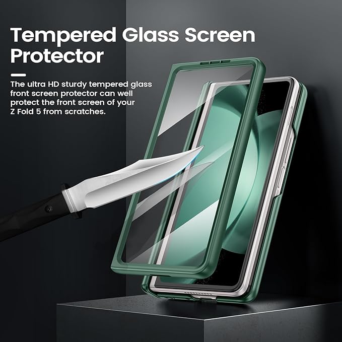 VEGO for Galaxy Z Fold 5 Case with Stand, 360°Ring Magnetic Kickstand & Hinge Protection & Front Screen Protector & Camera Cover & Belt Clip Holster Cover - Dark Green