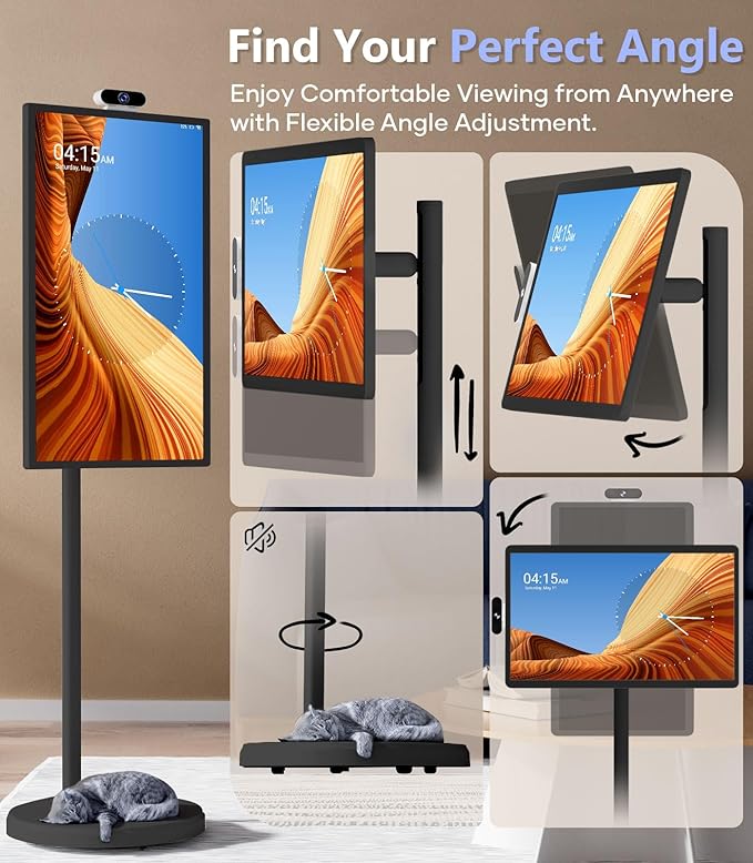 32 Inch Mobile Portable TV Stand on Wheels Support Google Store Full Swivel Rotation Portable Touch Screen Monitor Built-in Battery Smart Rolling Tablet TV 4K Camera Remote Control Black