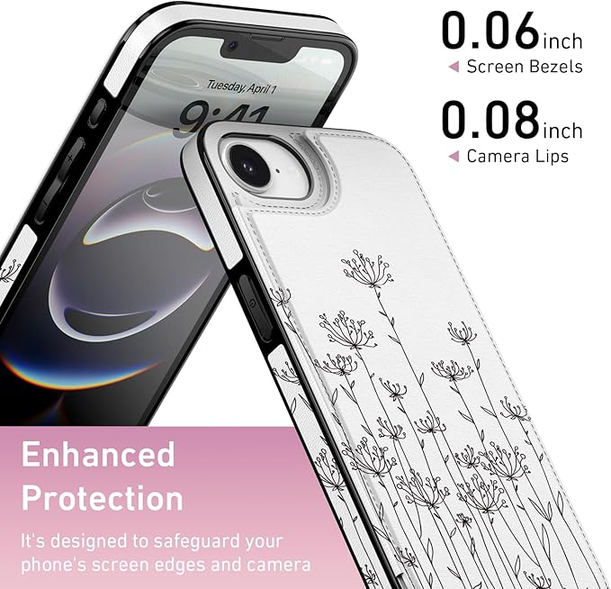 FUNMIKO for iPhone 16e Wallet Case with Card Holder, RFID-Blocking, Military-Grade Protection & UV-Printed Artwork, Magnetic Closure with Leather Kickstand - Elegantly Sketched Flower