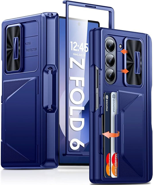 for Samsung Galaxy Z Fold 6 Case with Card Holder RFID Blocking & S Pen Holder& Slide Camera Cover& Hinge Protection& Full-Body Rugged Shockproof Wallet Case for Galaxy Z fold 6,Sapphire Blue