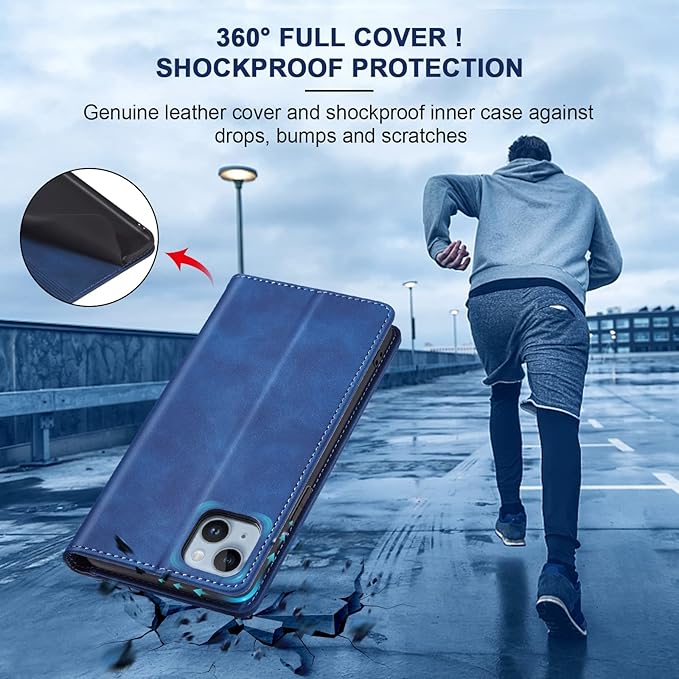 Jasonyu Flip Wallet Case for iPhone 14 5G,Leather Magnetic Folio Cover with Card Holder,Kickstand - TPU Shockproof Durable Protective Phone Case,Blue