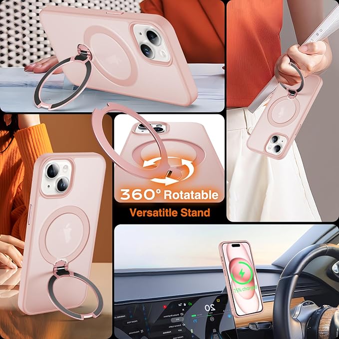 360° O-Ring MagStander for iPhone 15 Case with Magnetic Kickstand Ring Holder [Compatible with MagSafe][360°Rotate Stand Ring][Military Shockproof] Magnet iPhone 15 Phone Cover Matte Pink