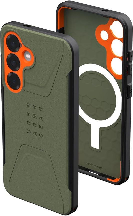 URBAN ARMOR GEAR UAG Designed for Samsung Galaxy S25 Case 6.2" Civilian - Compatible with Magnetic Charging Anti-Slip Rugged Military Drop Tested Protective Cover, Olive Drab/Orange