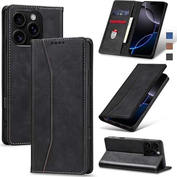 Jasonyu Flip Wallet Case for iPhone 16 Pro Max,Leather Magnetic Folio Cover with Card Holder,Kickstand - TPU Shockproof Durable Protective Phone Case,Black