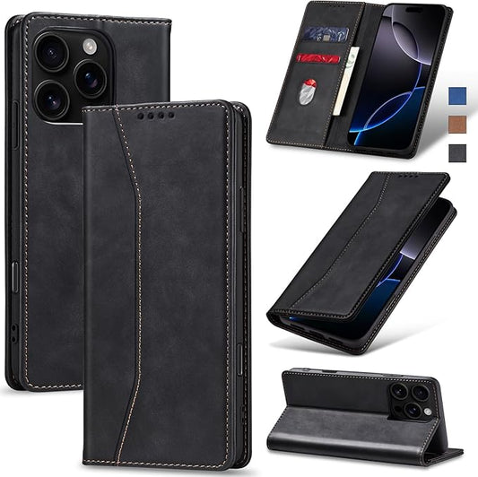 Jasonyu Flip Wallet Case for iPhone 16 Pro Max,Leather Magnetic Folio Cover with Card Holder,Kickstand - TPU Shockproof Durable Protective Phone Case,Black