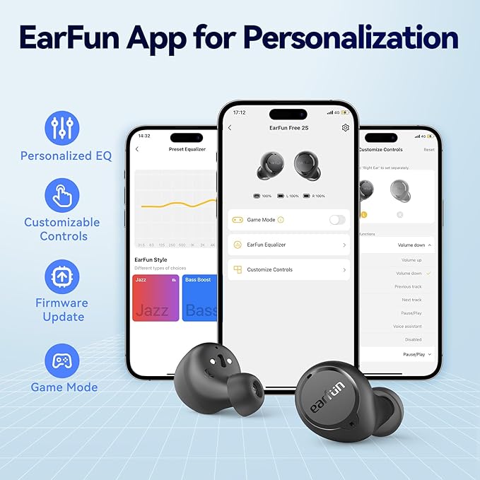 EarFun Free 2S Wireless Earbuds, [Upgraded Version] Bluetooth Earbuds with Deep Bass, 4 Mics for Clear Call, Customizable EQ App, IPX7 Waterproof in-Ear Headphones, 30H Playtime, Wireless Charging