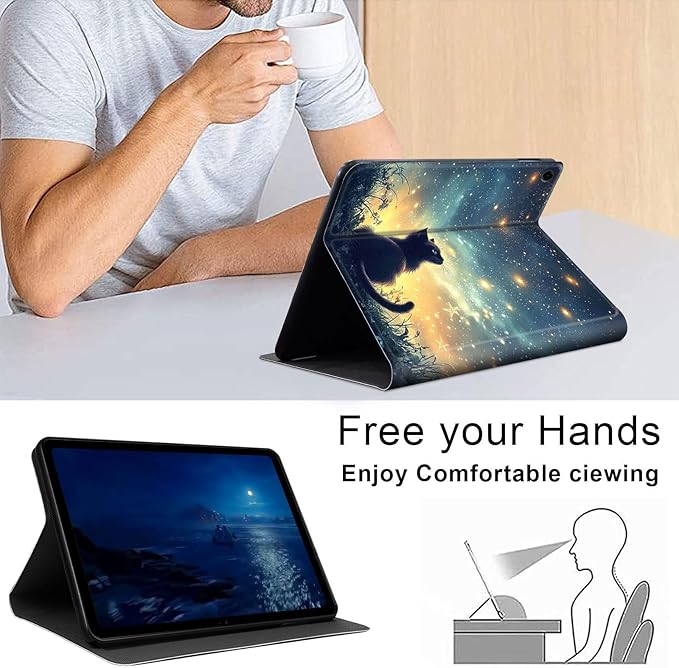 Case for Samsung Galaxy Tab A9+/A9 Plus 11” 2023 Model (SM-X210/X216/X218), Slim PU Leather Stand Cover with Auto Wake/Sleep, Multi-Angle Viewing & Shockproof, Black Cat Sky