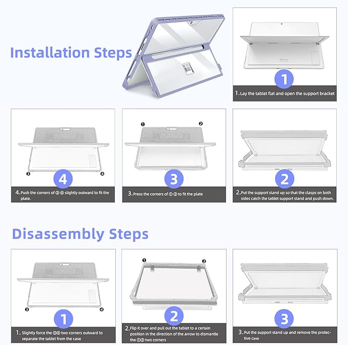 Case Updated Version fit Microsoft Surface Pro 11/10 /9/8 13-Inch, All-in-one Rugged Case Compatible with Type Cover Keyboards, Transparent&Purple