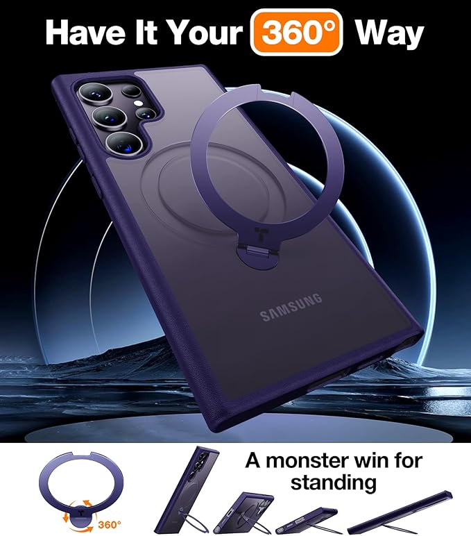 TORRAS 360°Spin Magnetic Stand for Samsung Galaxy S24 Ultra Case, Compatible with Magsafe, Shockproof Military Grade Protective Slim Galaxy S24 Ultra Phone Case with Kickstand & Ring Holder, Purple
