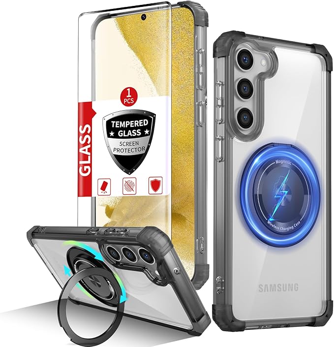 for Samsung Galaxy S22 Case Magnetic Compatible with MagSafe Wireless charging,with 360°Kickstand Ring,for S22 Phone Case with Screen Protector, Military Grade Drop Protection Shockproof Black