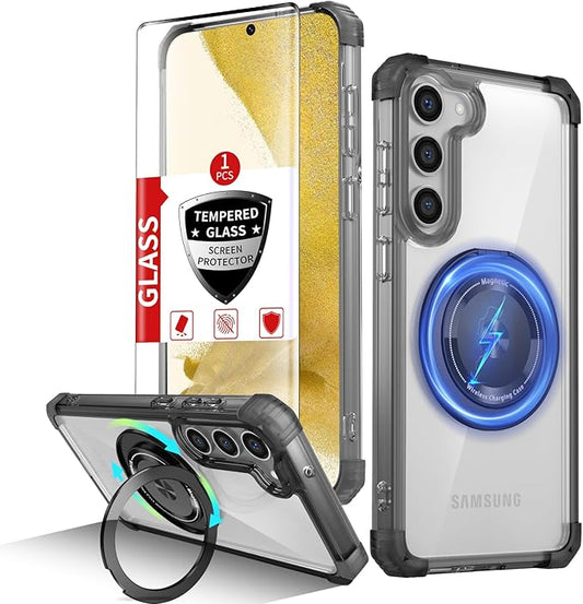 for Samsung Galaxy S22 Case Magnetic Compatible with MagSafe Wireless charging,with 360°Kickstand Ring,for S22 Phone Case with Screen Protector, Military Grade Drop Protection Shockproof Black