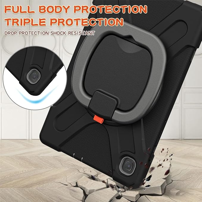 360 Rotation Case for Samsung Galaxy Tab S6 Lite 10.4" Sturdy Cover Rotate Ring Stand Shoulder Carrying Strap Hand Strap Rugged Children Adults Outdoor Case (Black+Gray)