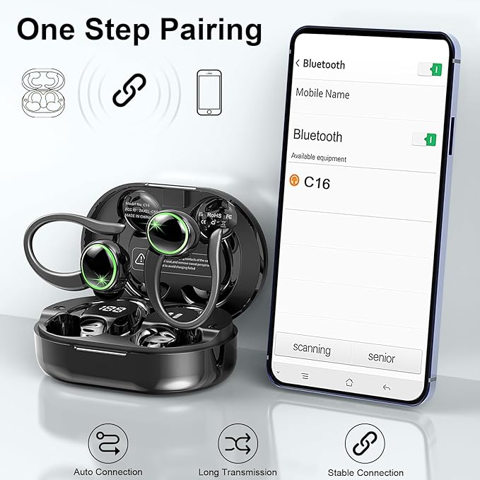 Wireless Earbuds, Bluetooth 5.4 Headphones Sports, 50H Playback Over-Ear buds with ENC Noise Cancelling Mic, Deep Bass Fitness Earphones with Earhooks, IP7 Waterproof Headset for Running Workout Gym