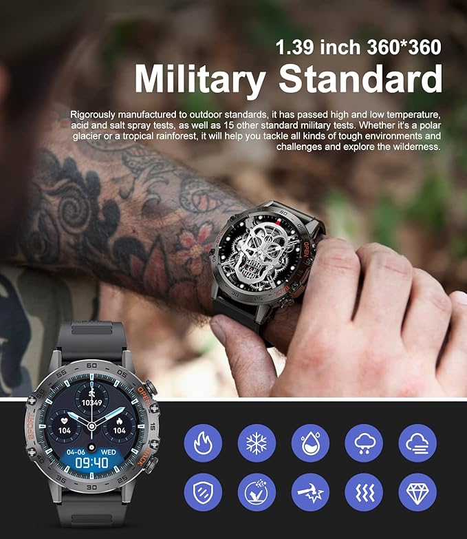 Smart Watch for Men Bluetooth Calls with,1.39''HD Touch Screen Tactical Smartwatch for Android and iPhone,5ATM Waterproof Fitness Watch with Blood Pressure/Heart Rate Monitor BlackSilicone