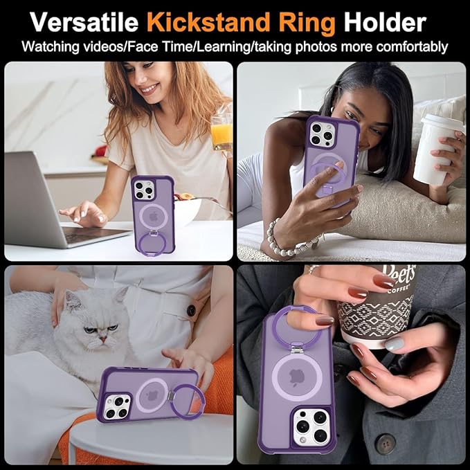 Magnetic Compatible with iPhone 14 Pro Case with Stand [Military Grade Drop Tested][Compatible with Magnet] Ring Translucent Slim Hard Back Soft Edge, Purple
