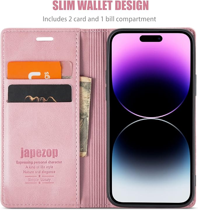japezop Compatible with iPhone 14 Pro Max Wallet Case,with [RFID Blocking] Card Holder Kickstand Magnetic,Leather Flip Case Wallet for iPhone 14 Pro Max 5G 6.7 Inch (Pink)