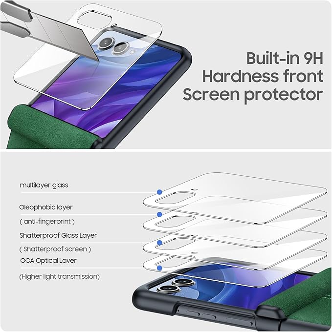 for Motorola razr+ Plus 2024 Case/Razr+ Plus 2025 Case Built-in Screen Protector& Hinge Protection & Ultra Thin PU Leather Matte PC Shockproof Phone Case for Moto Razr+ 2024/Razr+ 2025 (Green)