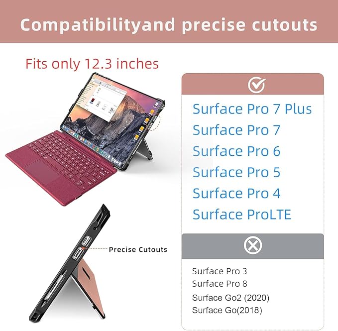 Case for 12.3" Microsoft Surface Pro 7+/7/6/5/4/Pro LTE Protective Rugged Cover Case, with Stylus Pen Holder and Hand Strap, Compatible with Type Cover Keyboard, Coupled Pink