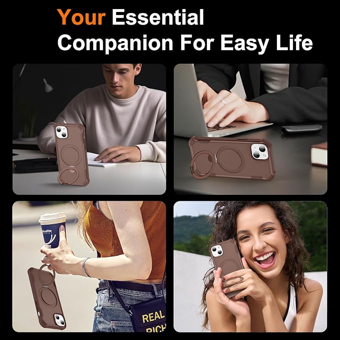 Compatible with iPhone 15 Case with Invisible Magnetic Ring Stand [Compatible with Magnetic] [Military Drop Protection] Shockproof Slim Hard Back Soft Edge Case 6.1 Inch, Khaki
