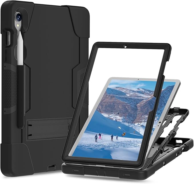 case for Galaxy Tablet S9 FE & S9 2023 (SM-X710/X718U/X716B/X510/X516B), Soft Silicone & Hard Pc 3-Layer Military Protector Cover for Tab S10 FE S8 S7 with S-Pen Holder Stand caseblack+Black
