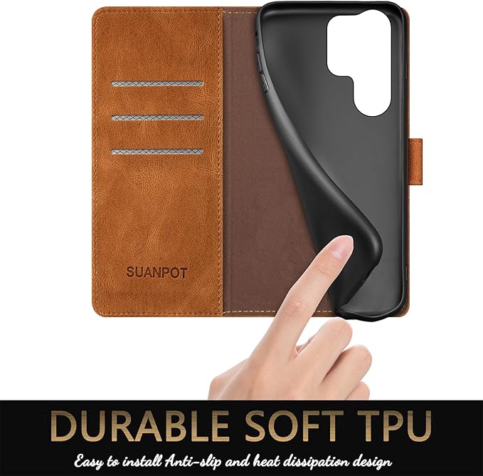 SUANPOT Compatible with Samsung Galaxy S25 Ultra Wallet case with RFID Blocking Credit Card Holder,Flip Book PU Leather Protective Cover Women Men for Samsung S25 Ultra Phone case Light Coffee