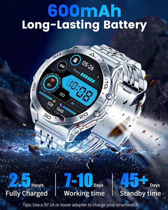 Military Smart Watch with LED Flashlight for Men, 1.6" AMOLED Bluetooth Call Watch, IP68 Waterproof Fitness Tracker with Heart Rate, SpO2, Sleep Monitor, Compatible with Android/iOS