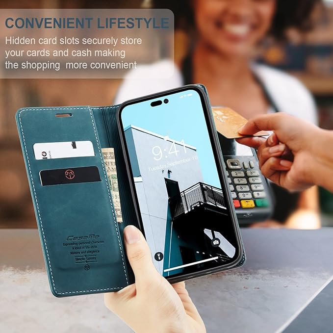 for iPhone 14 Pro Case, Flip Wallet Leather Case with Card Holder Magnetic Closure Shockproof Kickstand Protective Phone Cases Cover for iPhone 14 Pro, Blue-Green