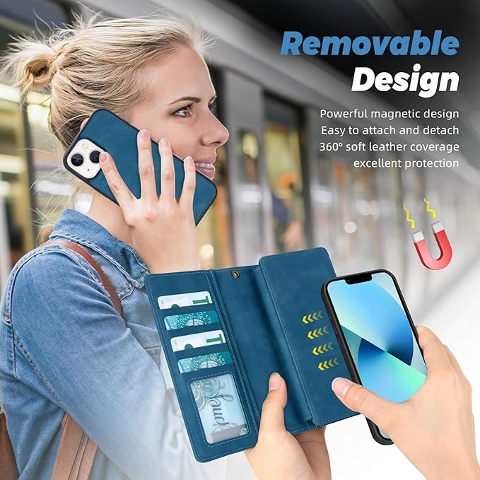 TwoHead Designed for iPhone 13 Wallet Case with Card Holder,Detachable Magnetic Phone Case with Wallet PU Leather Wallet Phone Case for iPhone 13 Case Wallet for Women/Men with Wrist Strap(Navy Blue)
