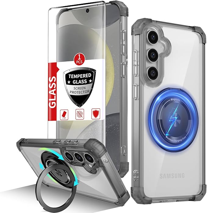 for Samsung Galaxy S24 Plus Case Compatible Wireless Charging Magnetic,with Screen Protector,for S24+Plus Phone Case with 360°Stand Ring Military Grade Shockproof Heavy Duty Protection Black