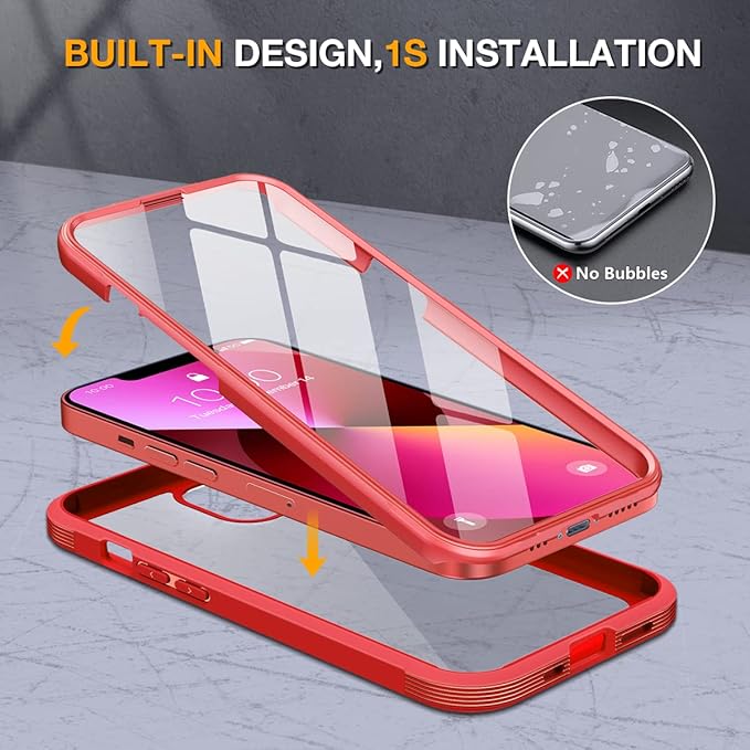 Miracase Glass iPhone 13 Mini Case 5.4 inch, 2023 Upgrade Full-Body Clear Bumper Case with Built-in 9H Tempered Glass Screen Protector for iPhone 13 Mini, Red