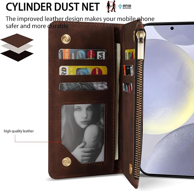 ZZXX for Samsung Galaxy S24 Plus Wallet Case with RFID Blocking Card Slot PU Leather Zipper Flip Folio with Strap Kickstand Protective Cover for Samsung Galaxy S24+ Case Wallet(Coffee-6.7 inch)
