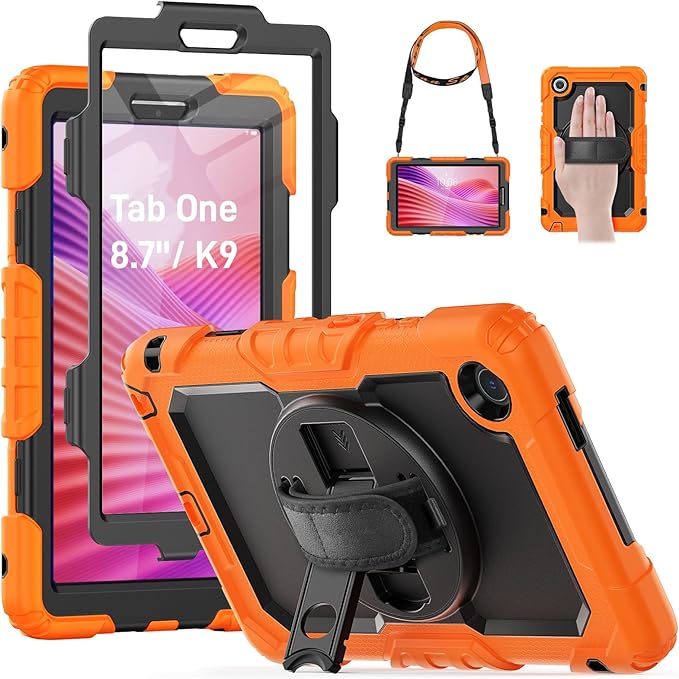 HXCASEAC Case for Lenovo Tab One/Tab K9 2025 (TB-305FU) 8.7 inch, with Screen Protector/Rotating Hand Strap/Sturdy Stand, Protective Cover for Lenovo one Tablet - Orange