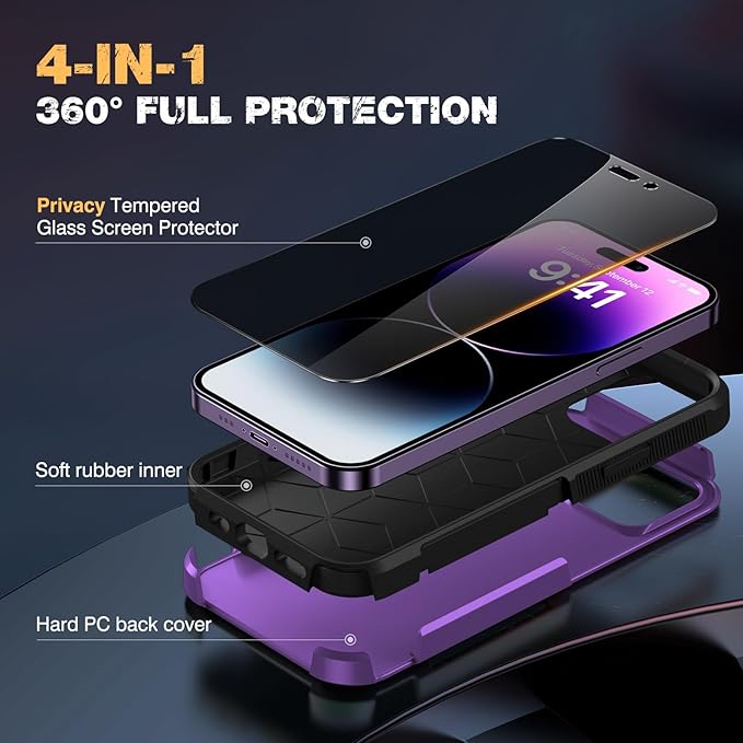 Diaclara Designed for iPhone 14 Pro Max Case, [with Privacy Screen Protector] [Anti Spy] [Military Grade Drop Protection] Heavy Duty Full-Body Shockproof Phone Case, Purple