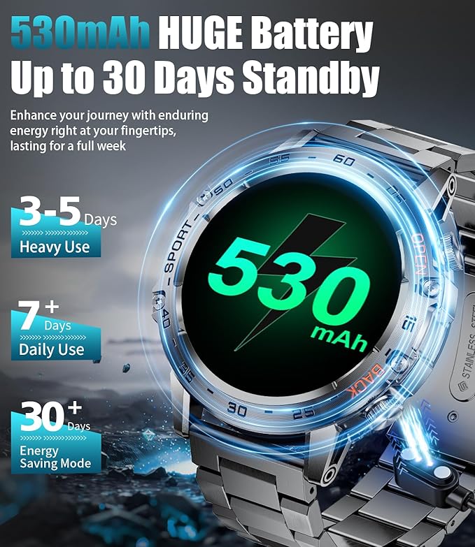 Military Smart Watch for Men(Answer/Dial Calls),1.45'' AMOLED/100 Sports Modes, 5ATM Waterproof Fitness Watch with Heart Rate/SpO2/Sleep Tracker for Android and iOS,530MAH Smartwatch Black Steel